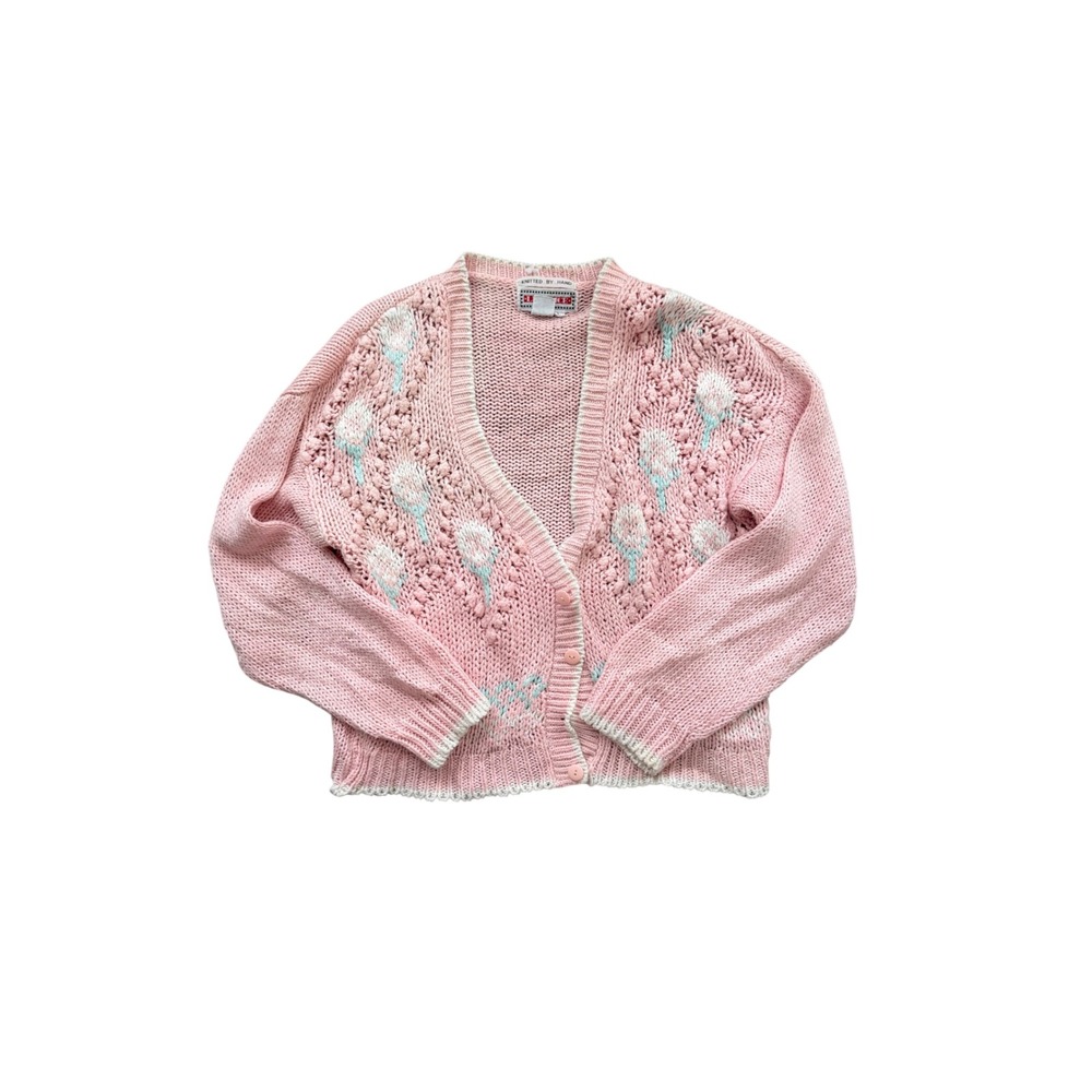 Vintage Licorice Hand Knitted Pink Floral Popcorn Stitch Cardigan Sweater Large